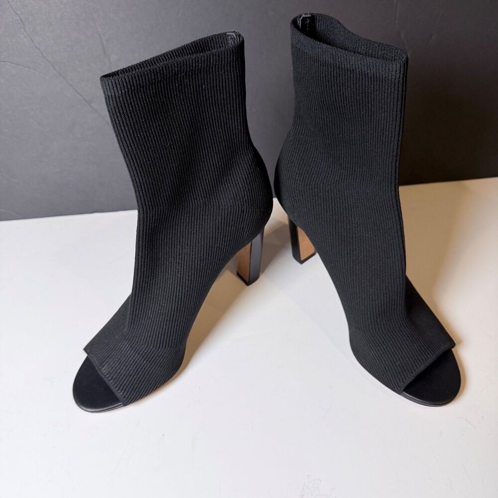 Vince Ezra Knit Sock Booties Open Toe Heels Black Stretch Ankle Boots Sz 7.5